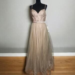 Coya Collection Prom Dress L NWT Champagne Beaded Corset Tulle Formal Gown